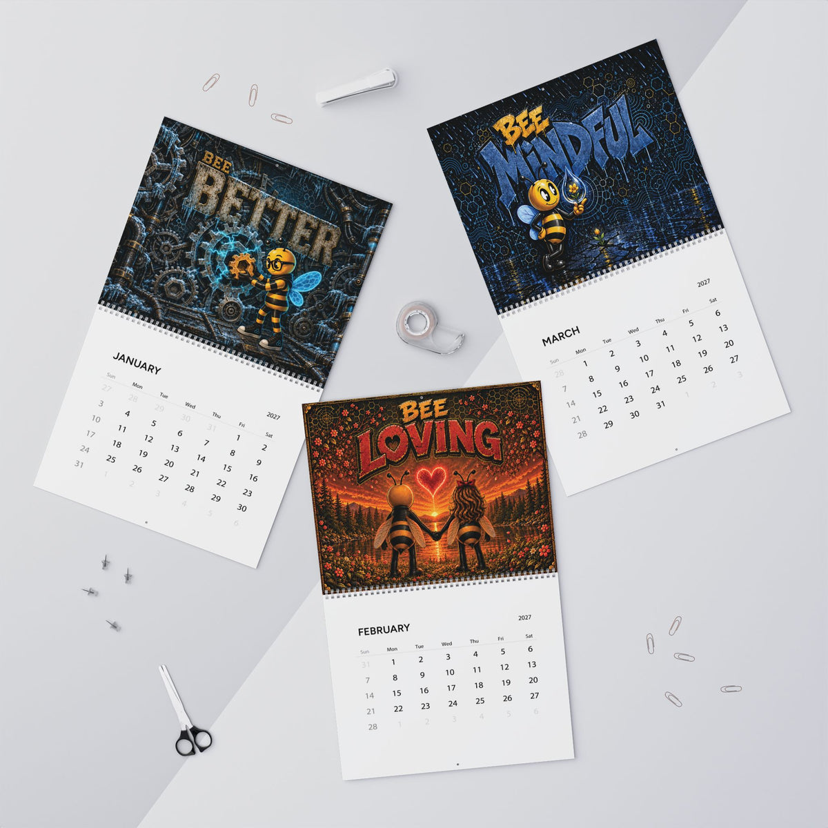 Bee Sober 2027 wall calendar showing three monthly artwork and date-grid layouts