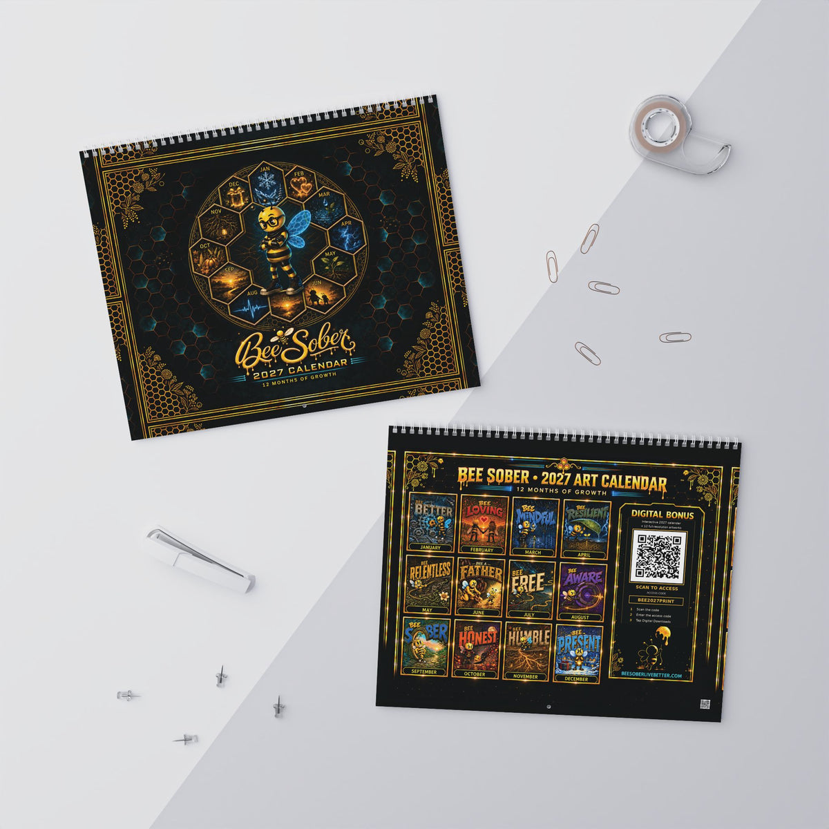 Bee Sober 2027 wall calendar front and back covers with a QR code on the back