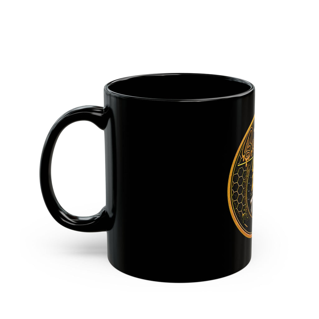 Black 11 oz Bee Sober One Day at a Time mug, side view with handle on the left