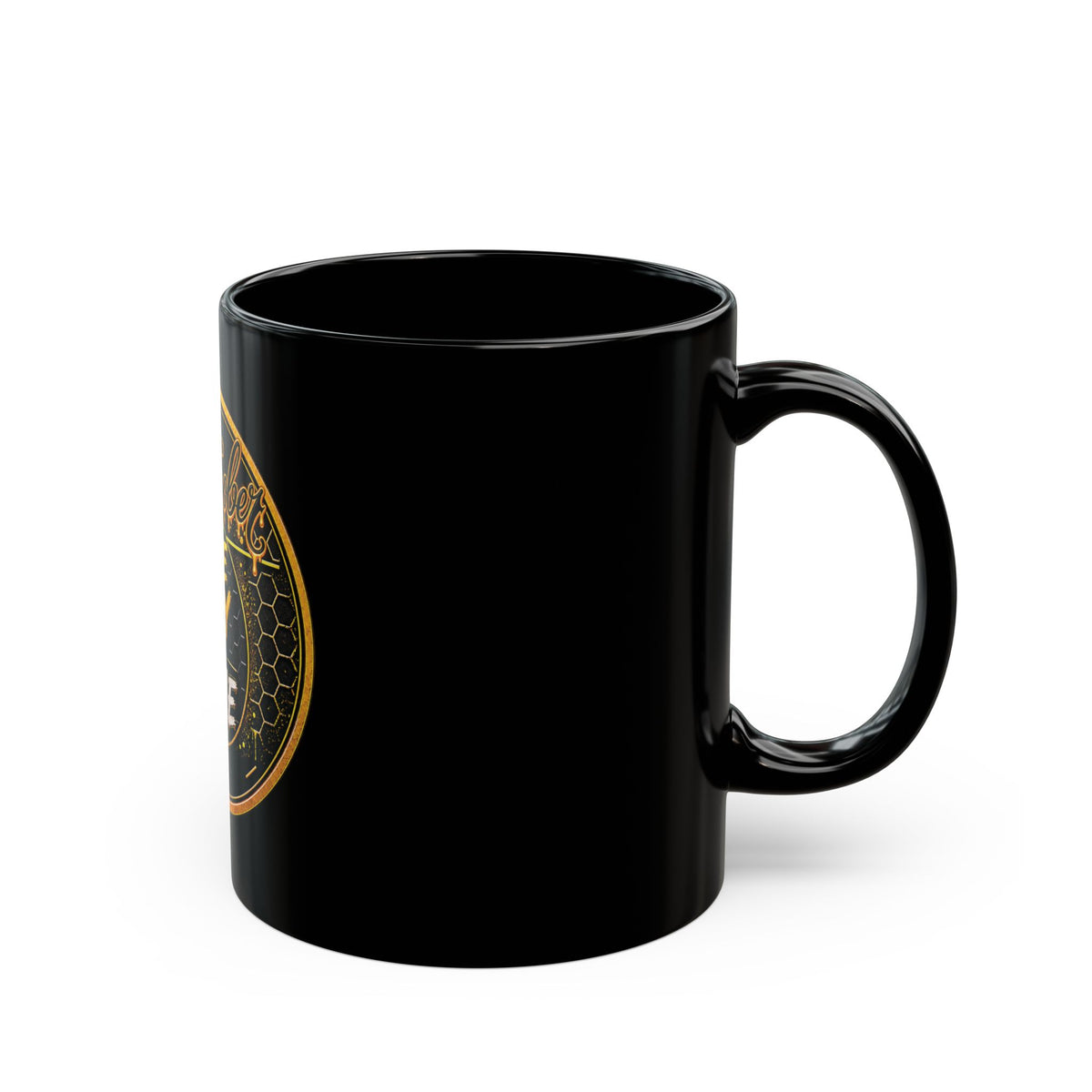 Black 11 oz Bee Sober One Day at a Time mug, side view with handle on the right