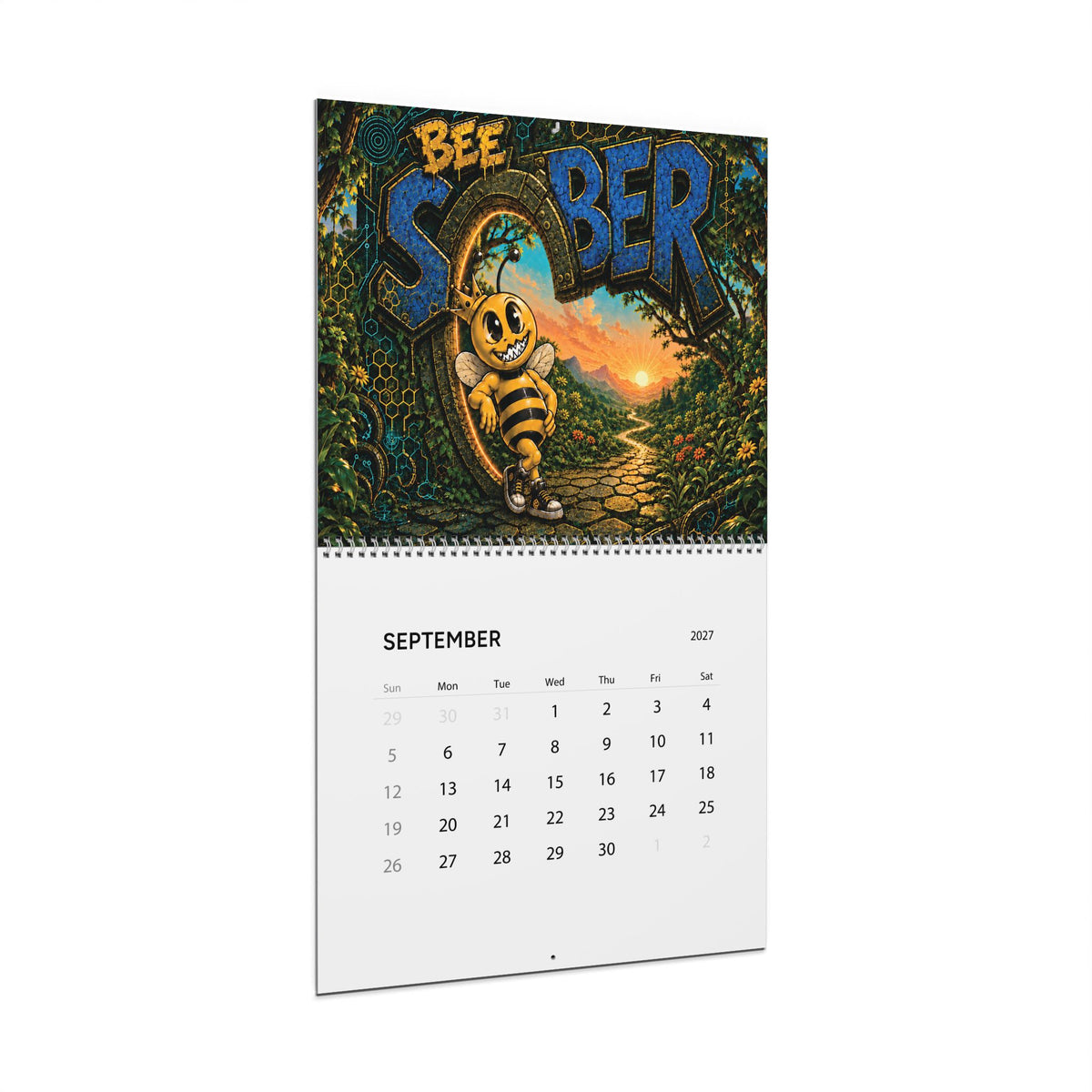 Bee Sober 2027 wall calendar open to October with bee artwork and a monthly date grid