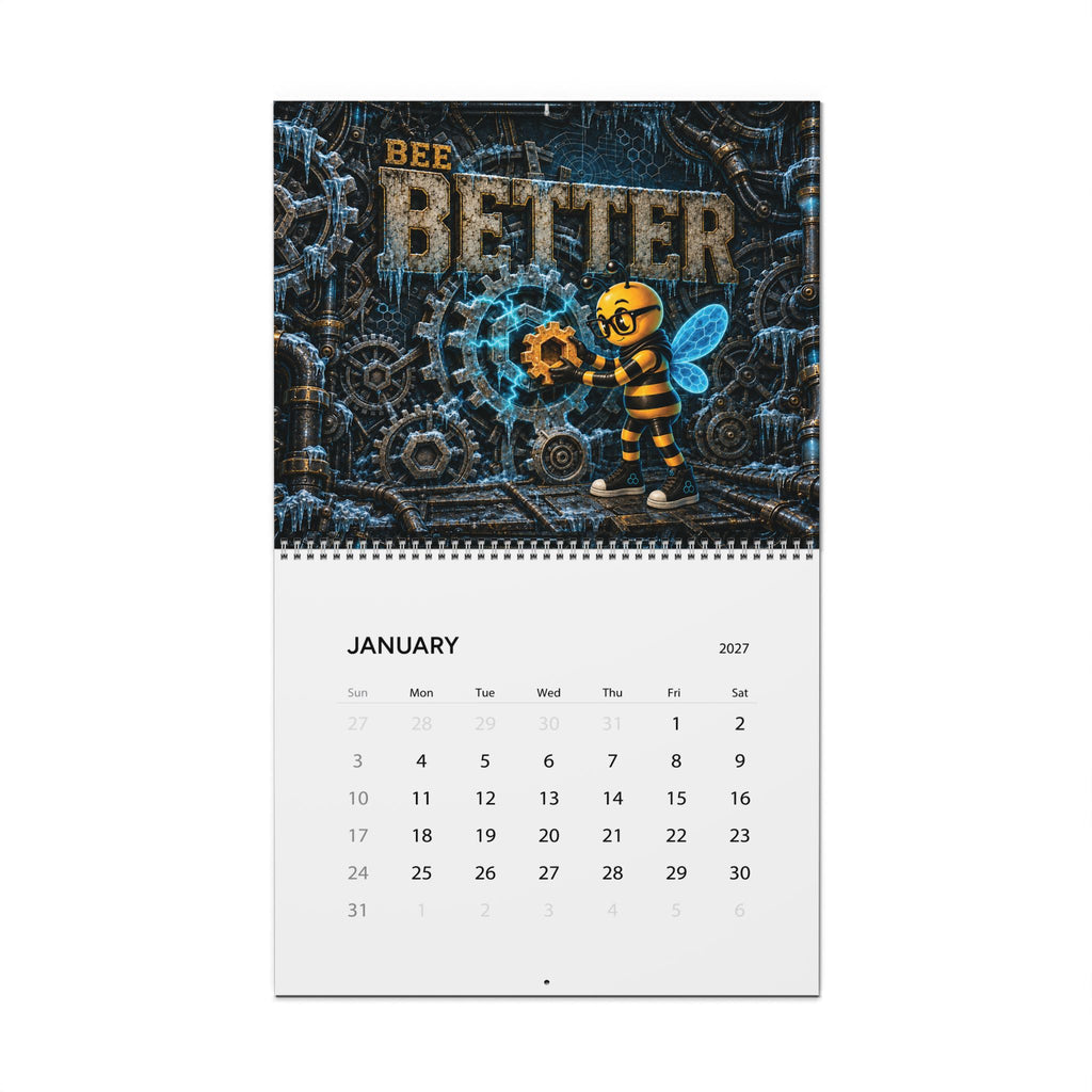 Bee Sober 2027 wall calendar open to January with Bee Better artwork and a monthly date grid