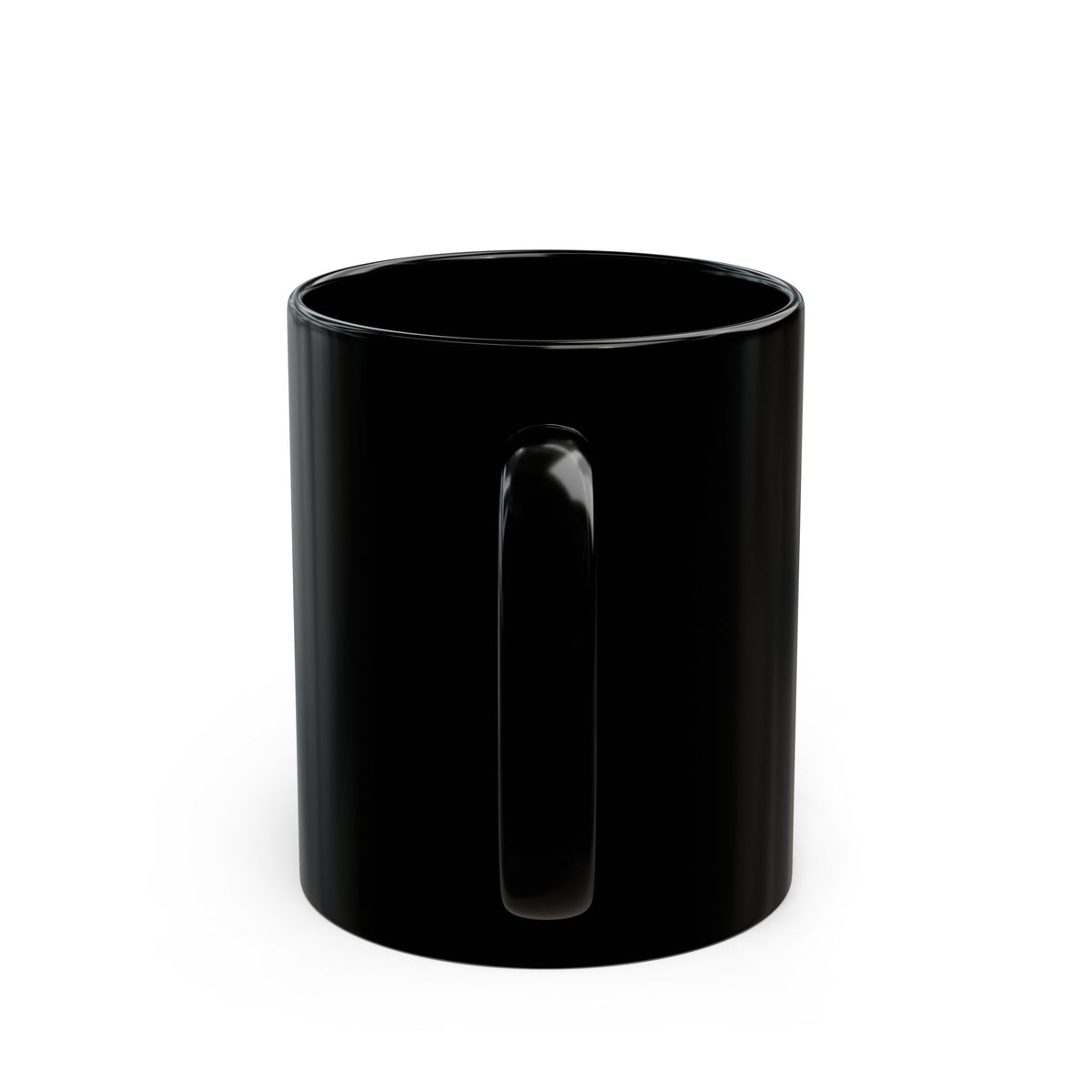 Black 11 oz Bee Sober ceramic mug, handle view