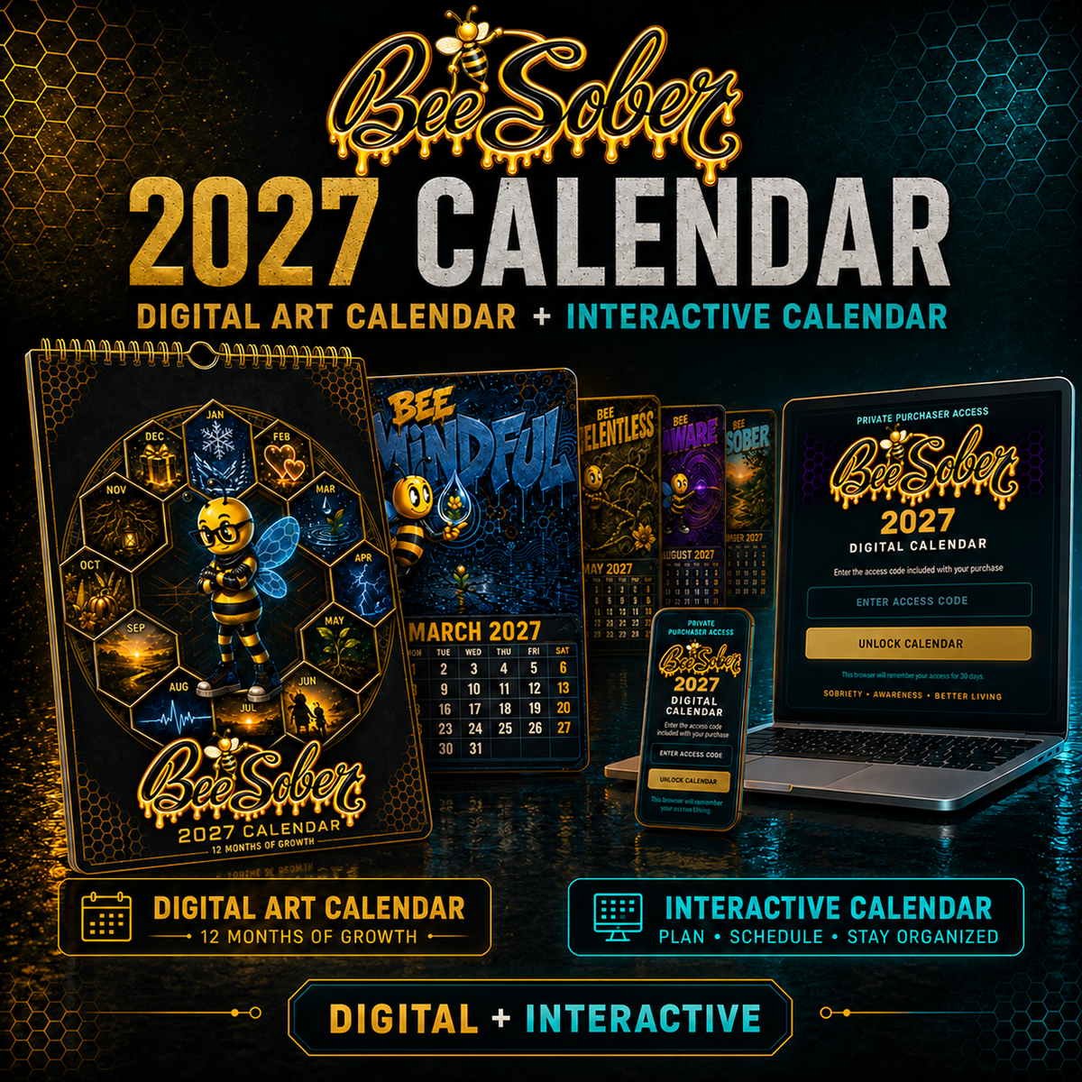 Bee Sober 2027 Digital Art Calendar and Interactive Calendar — updated signature logo and corrected character artwork