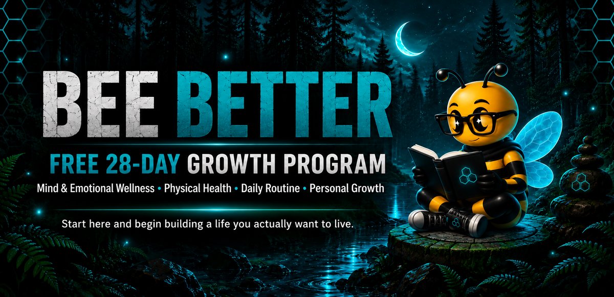 Bee Better free 28-day growth program banner with a bee reading beside a moonlit forest stream