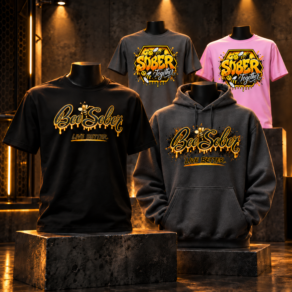 Bee Sober apparel: black signature tee, gray Live Better hoodie, and gray and pink Sober Together tees in a gold-lit display