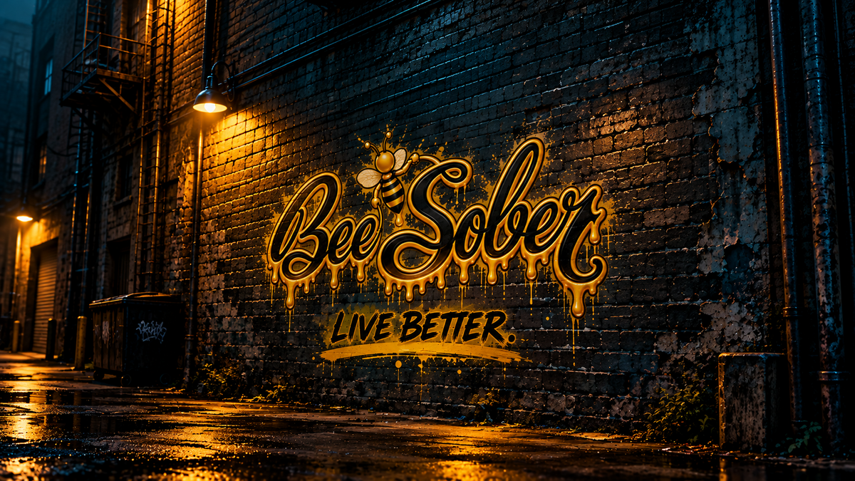 Gold Bee Sober Live Better artwork painted on a dark teal brick wall under warm alley lights.