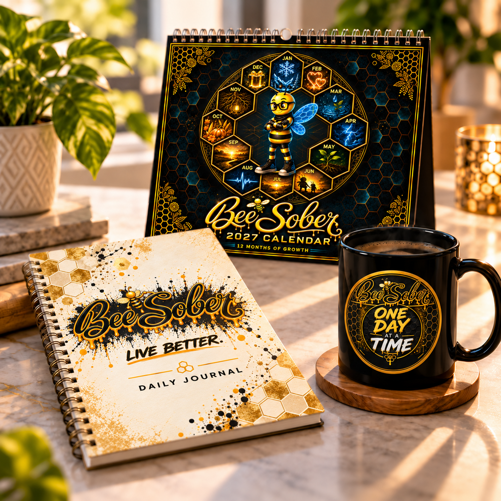 Bee Sober Lifestyle & Accessories: 2027 calendar, Daily Journal, and One Day at a Time mug in warm sunlight