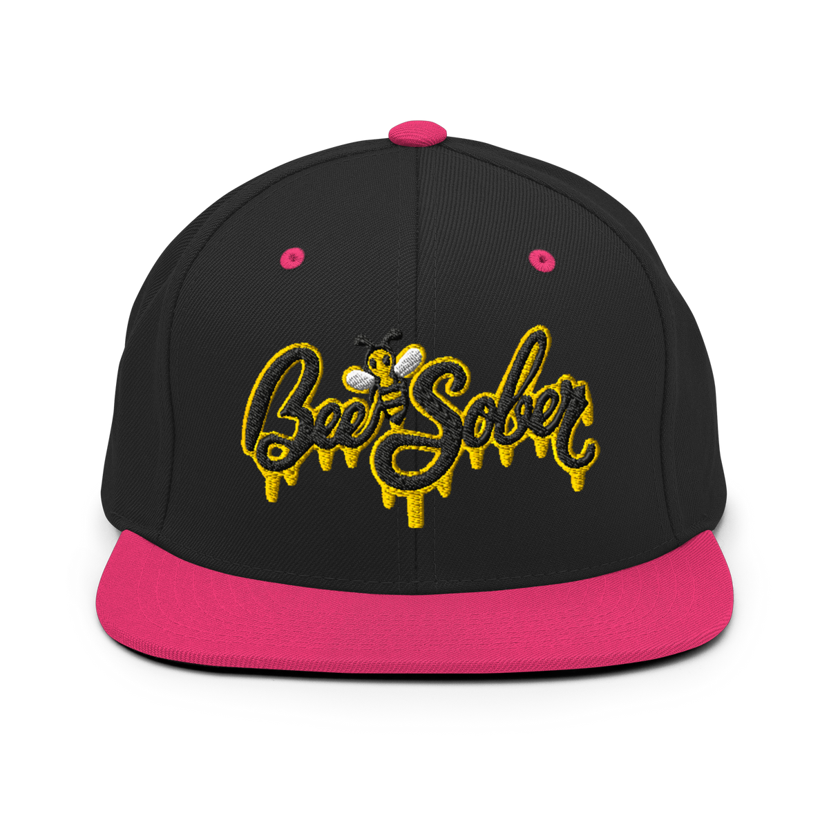 Bee Sober Snapback in Black Neon Pink, front view