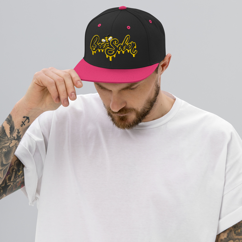 Bee Sober Snapback in Black Neon Pink, front view
