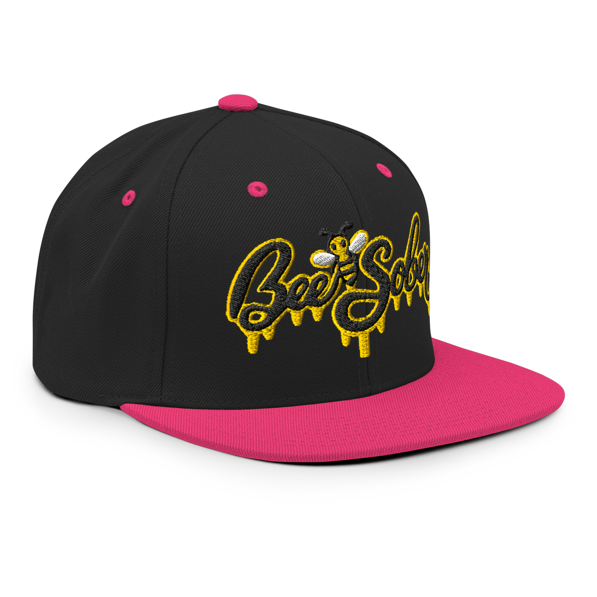 Bee Sober Snapback in Black Neon Pink, front-right view