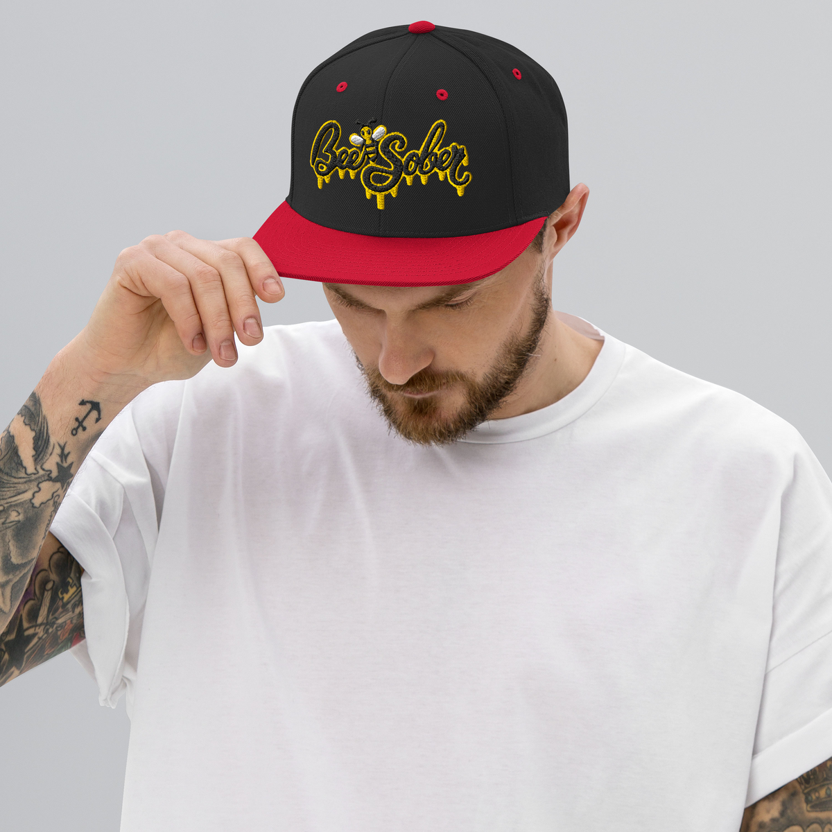 Bee Sober Snapback in Black Red, front view