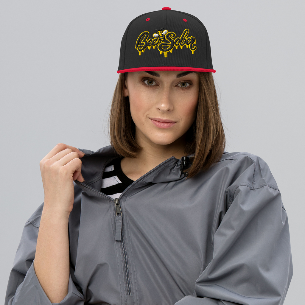 Bee Sober Snapback in Black Red, front view
