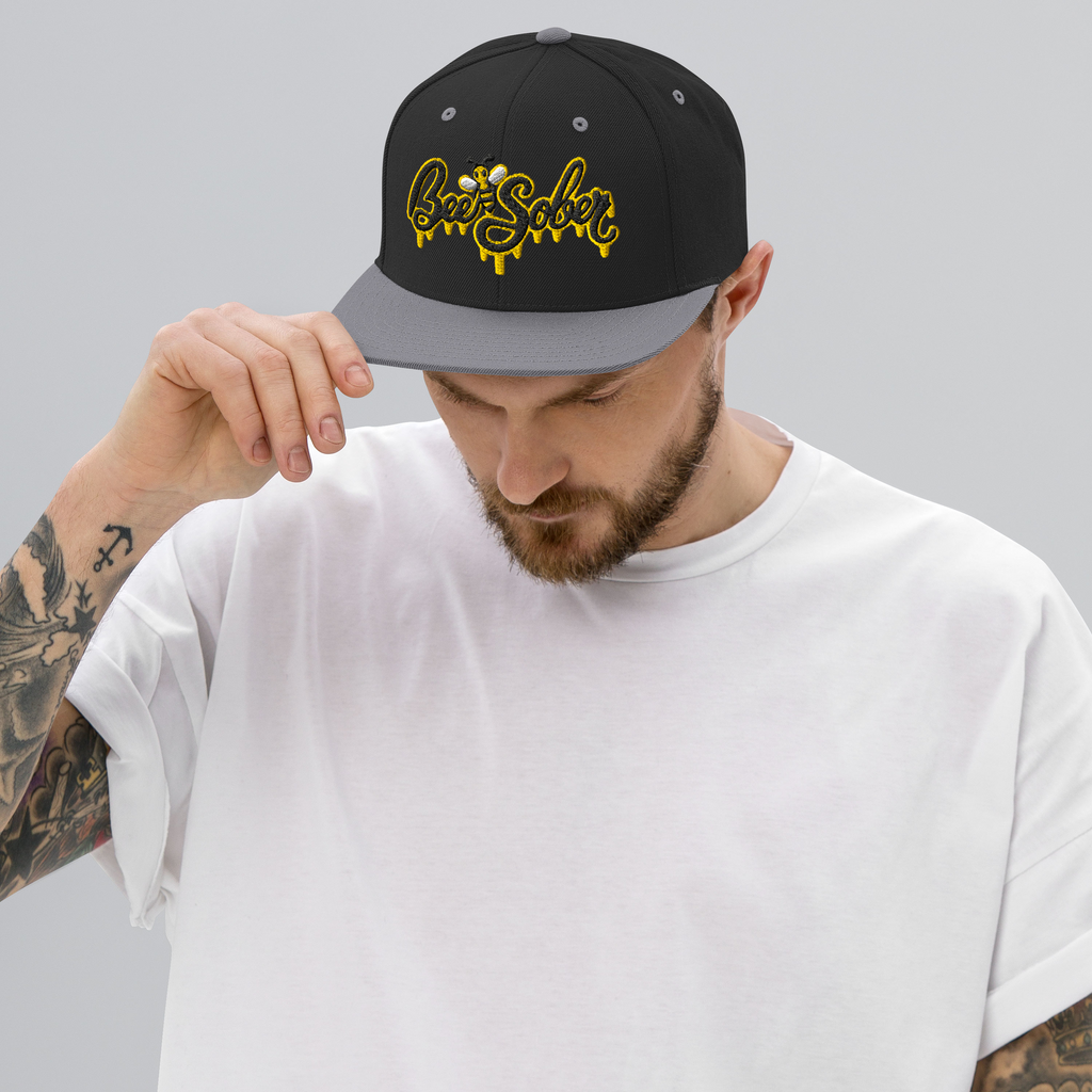 Bee Sober Snapback in Black Silver, front view
