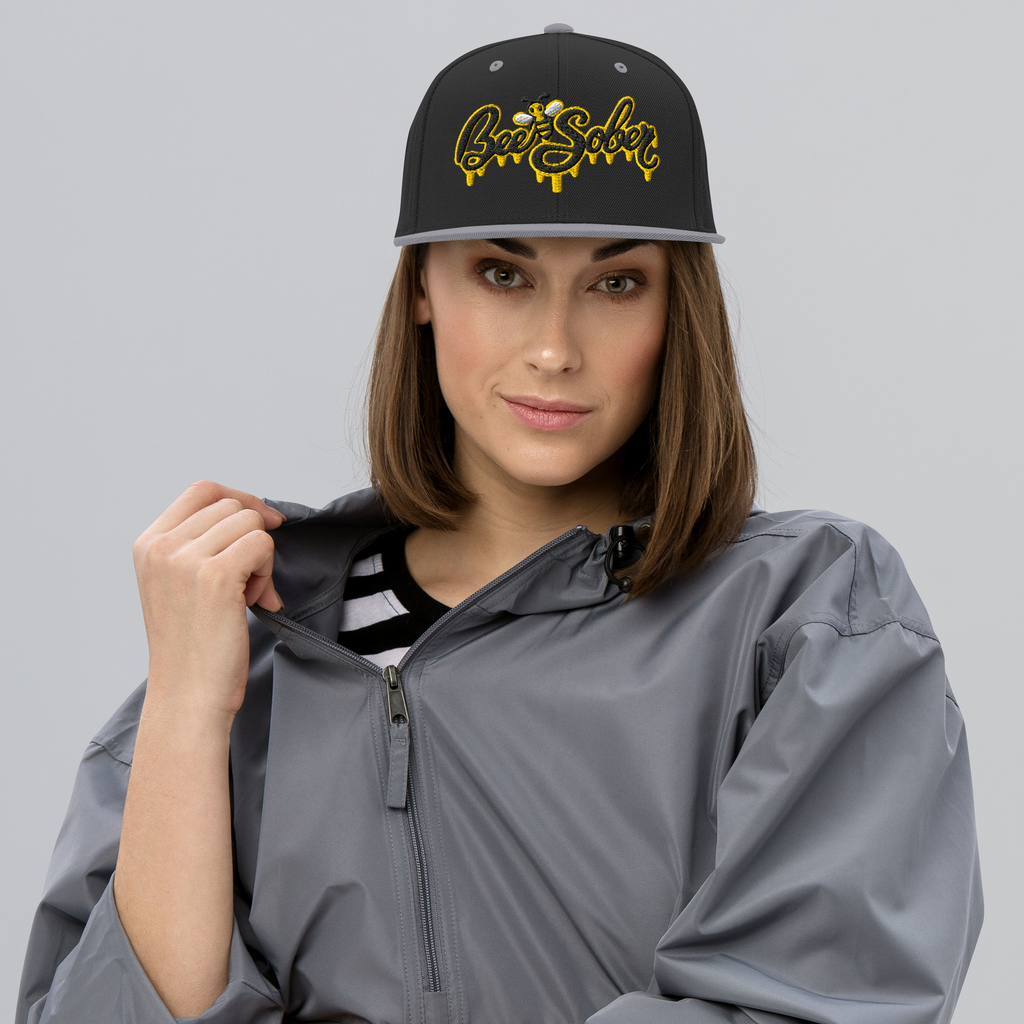 Bee Sober Snapback in Black Silver, front view