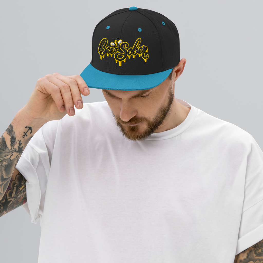 Bee Sober Snapback in Black Teal, front view