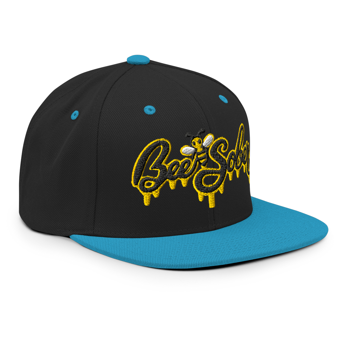 Bee Sober Snapback in Black Teal, front-right view