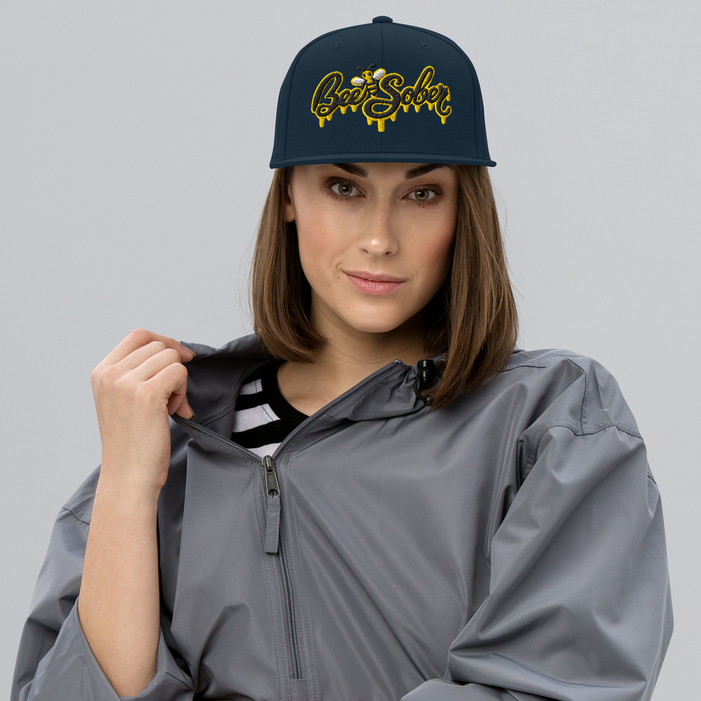 Bee Sober Snapback in Dark Navy, front view
