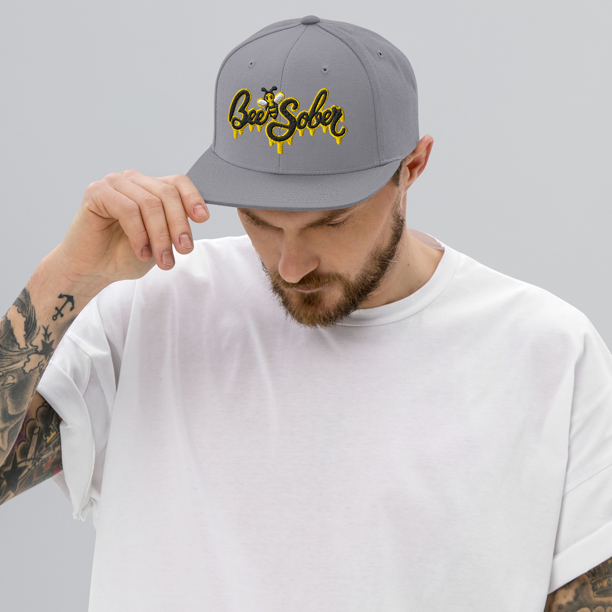 Bee Sober Snapback in Silver, front view