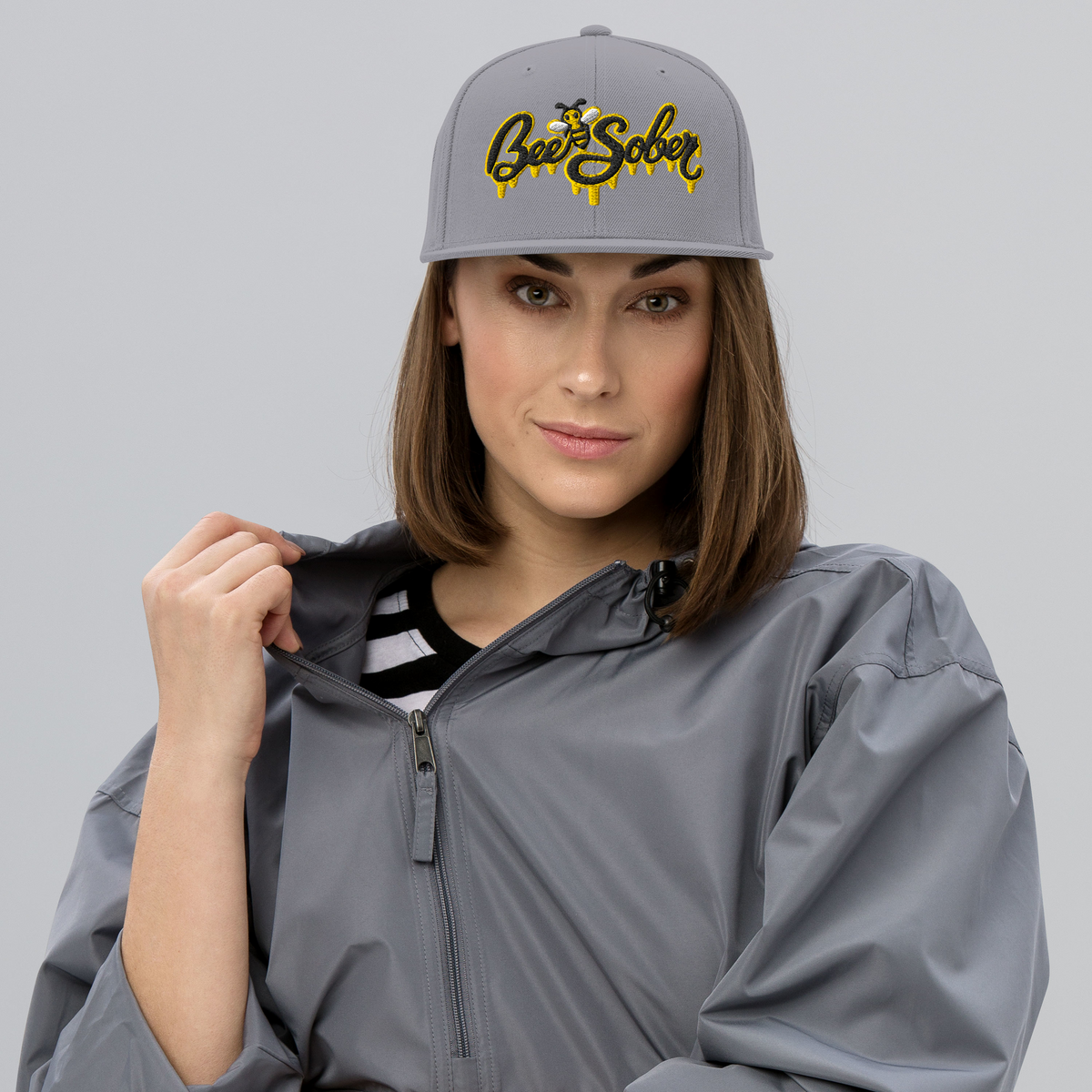Bee Sober Snapback in Silver, front view