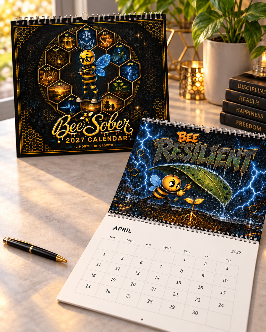 Bee Sober 2027 wall calendar cover beside an open Bee Resilient month