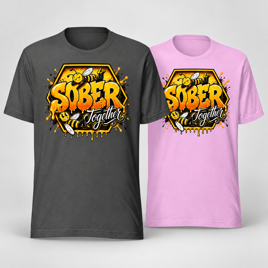 Bee Sober Together T-shirts in gray and pink, shown side by side with Sober Together artwork