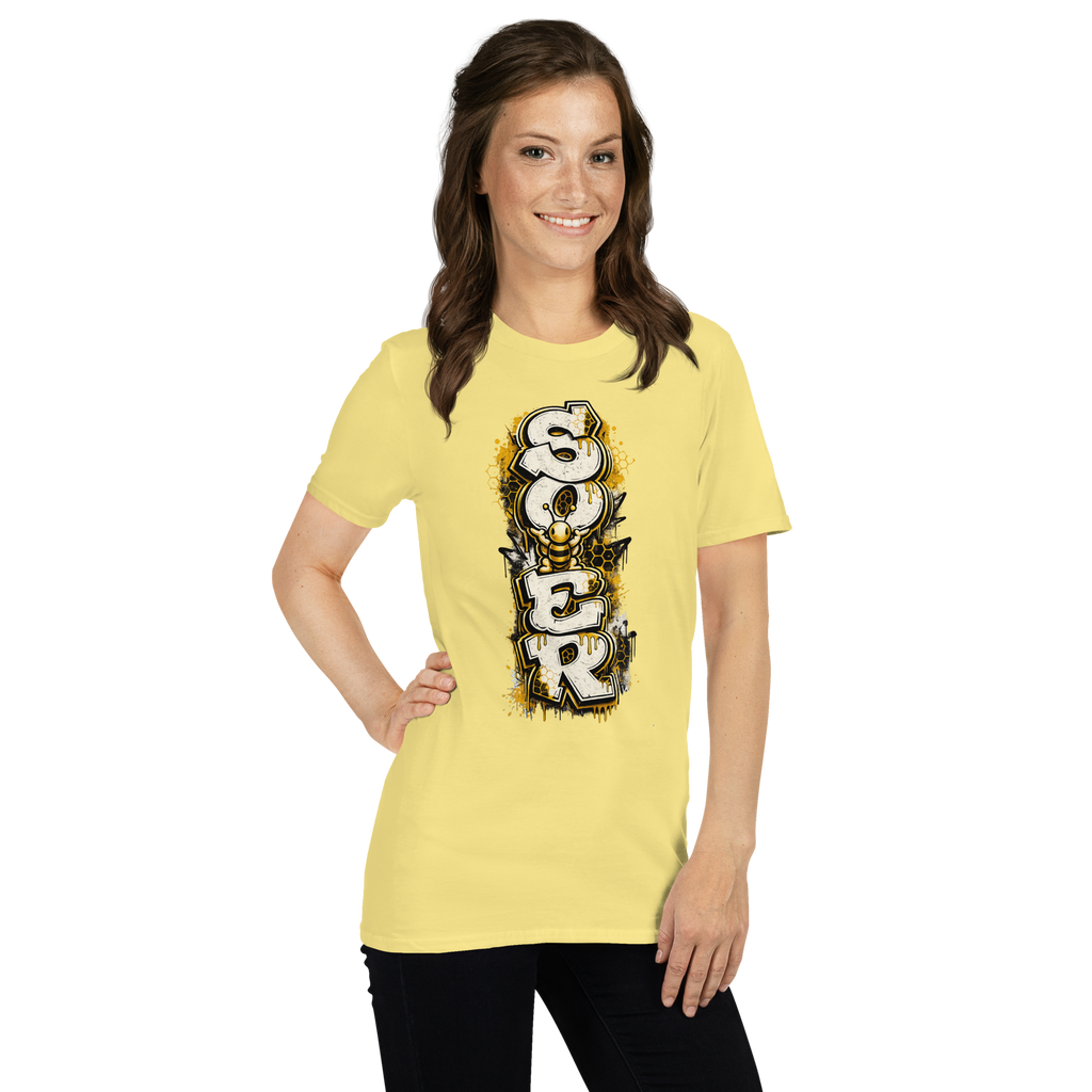 Honey Totem Graffiti Tee in Cornsilk, front-right view