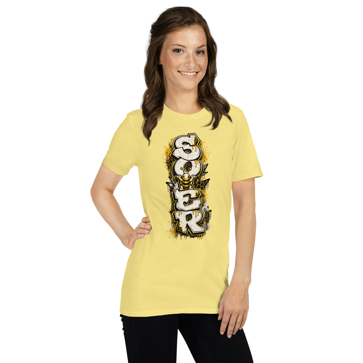 Honey Totem Graffiti Tee in Cornsilk, front-right view