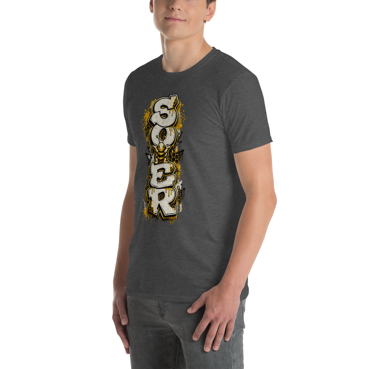 Honey Totem Graffiti Tee in Dark Heather Grey, front-left view