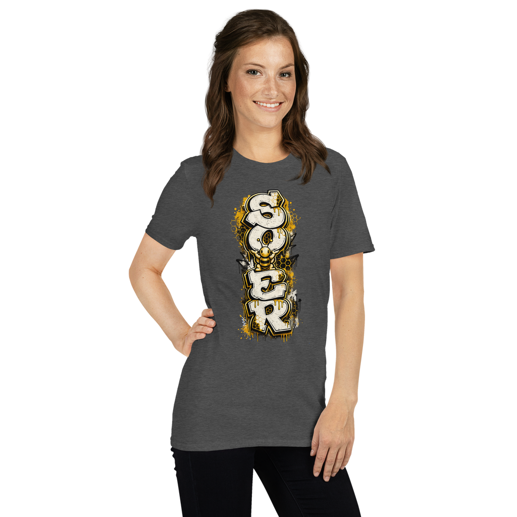 Honey Totem Graffiti Tee in Dark Heather Grey, front-right view