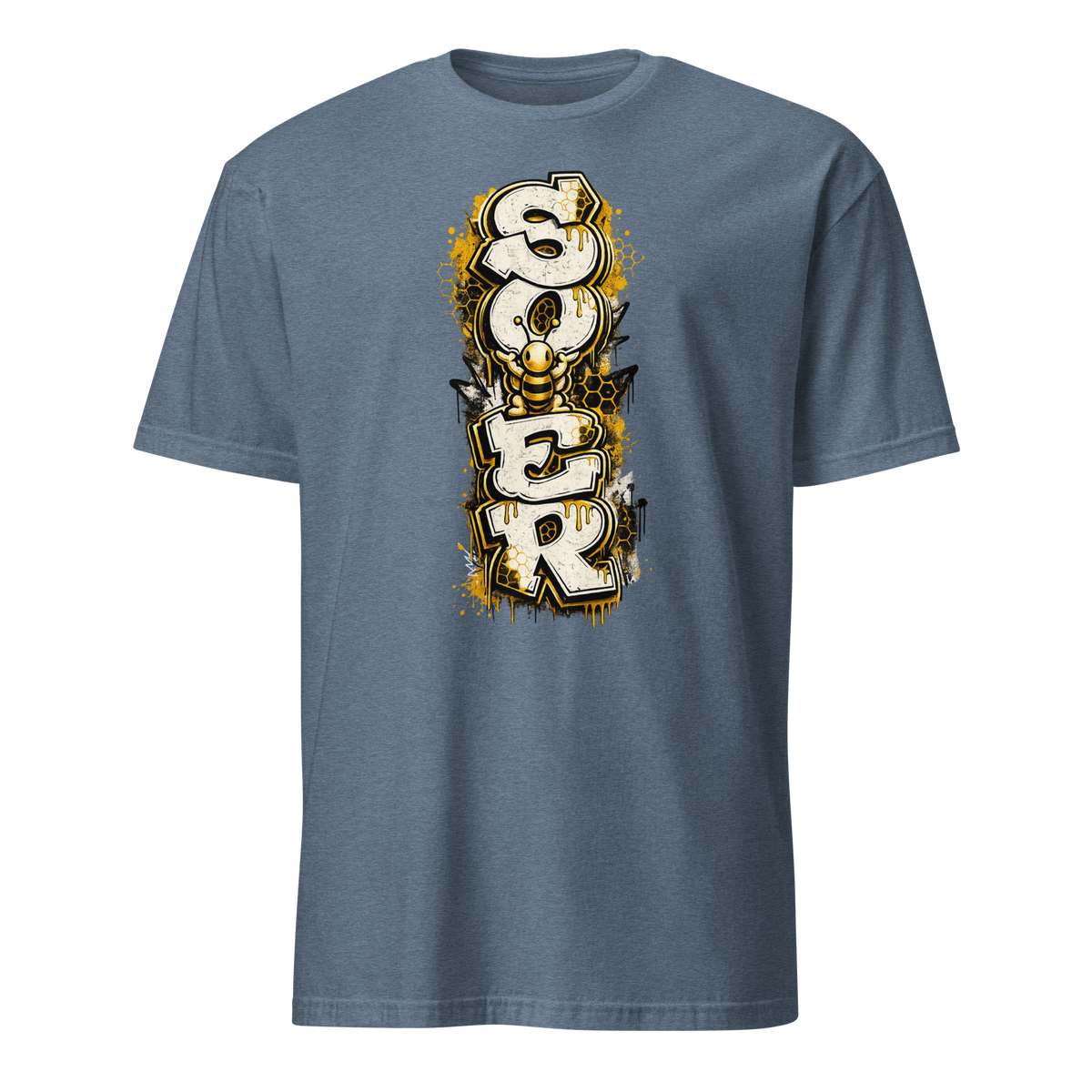 Honey Totem Graffiti Tee in Heather Indigo, front view