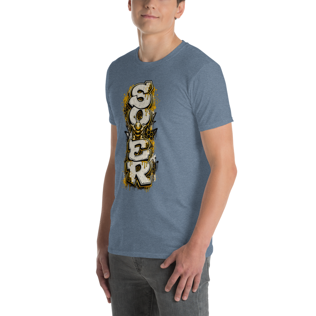 Honey Totem Graffiti Tee in Heather Indigo, front-left view