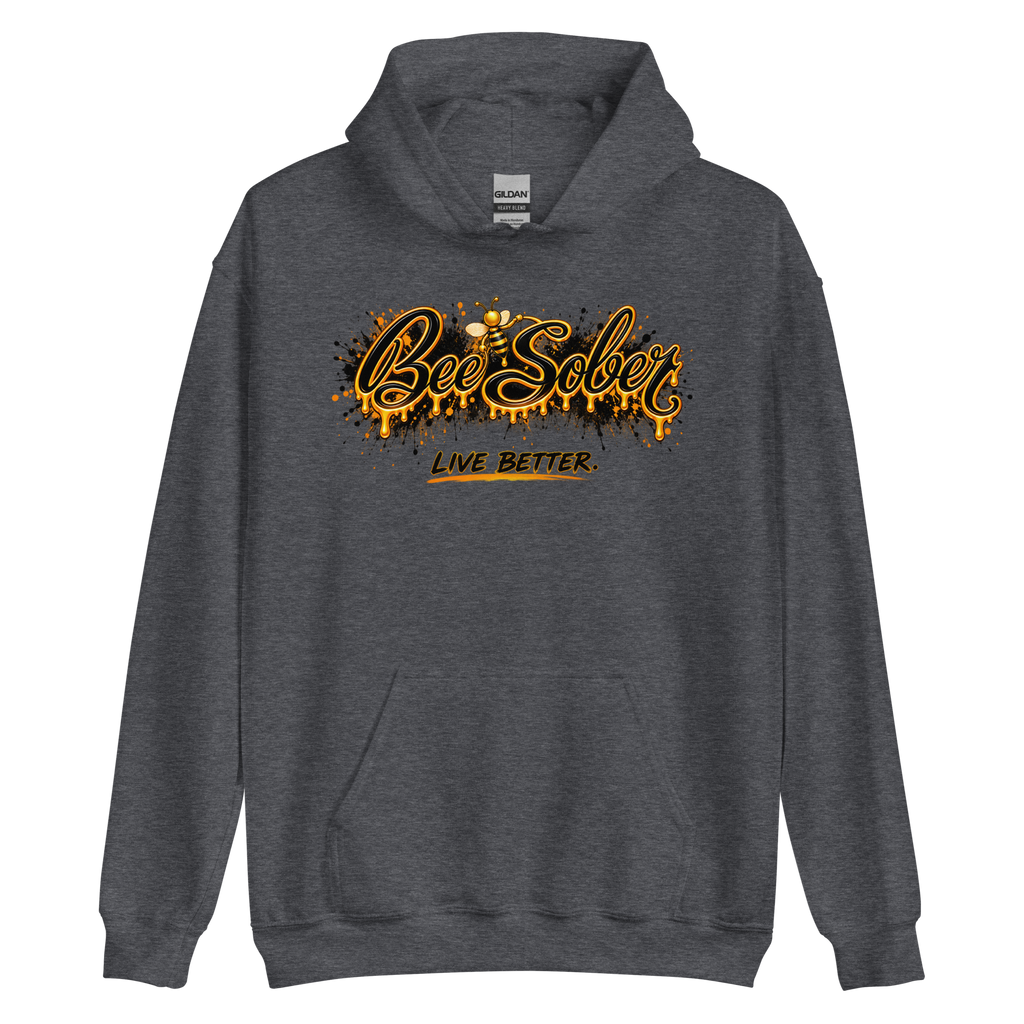 Bee Sober Live Better Hoodie in Dark Heather, front view
