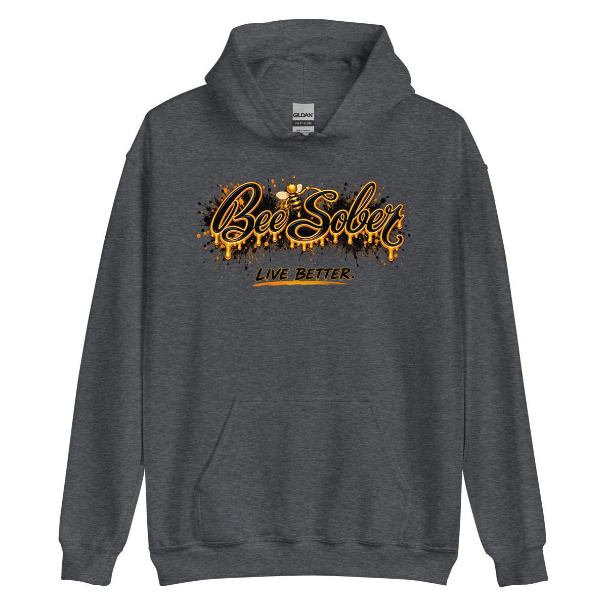 Bee Sober Live Better Hoodie in Dark Heather, front view