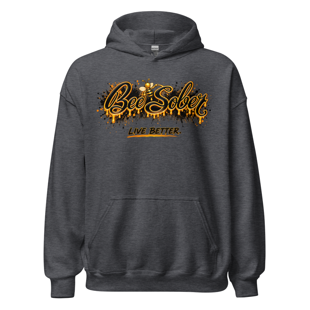 Bee Sober Live Better Hoodie in Dark Heather, front view