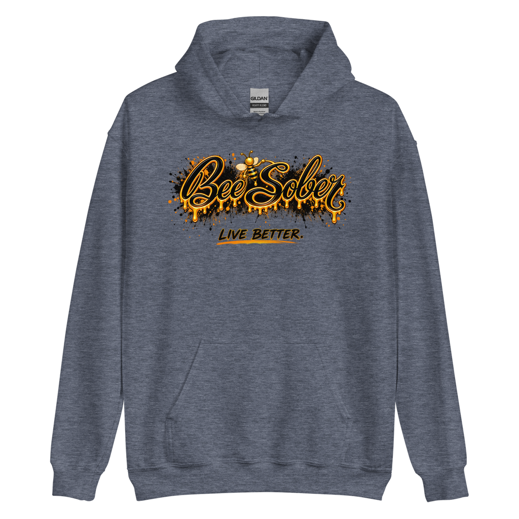 Bee Sober Live Better Hoodie in Heather Sport Dark Navy, front view