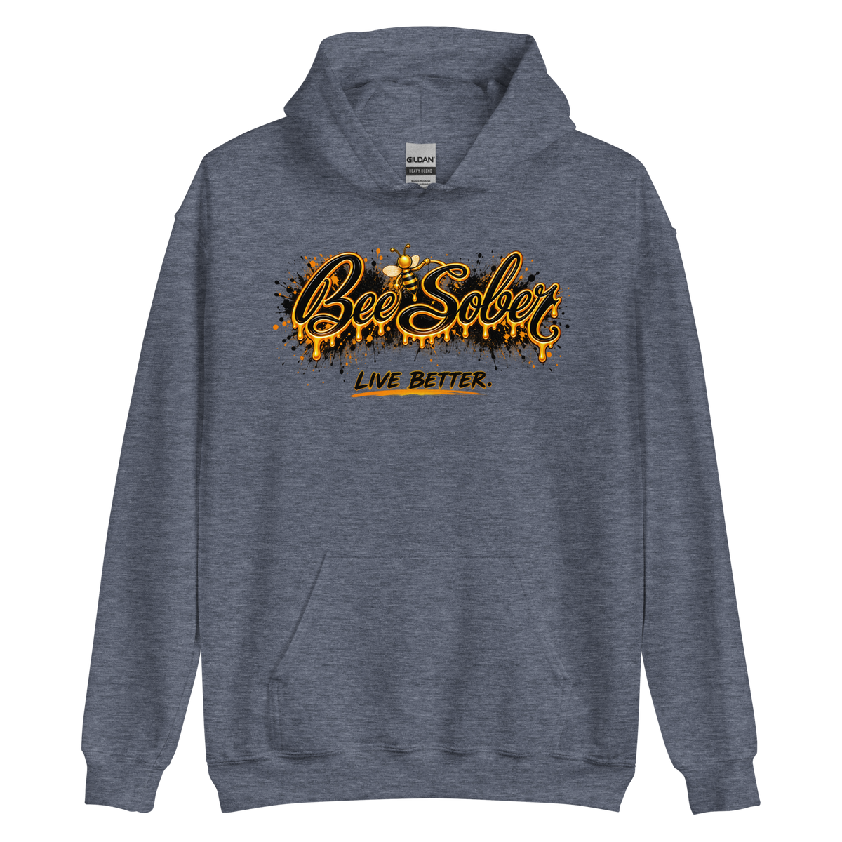 Bee Sober Live Better Hoodie in Heather Sport Dark Navy, front view