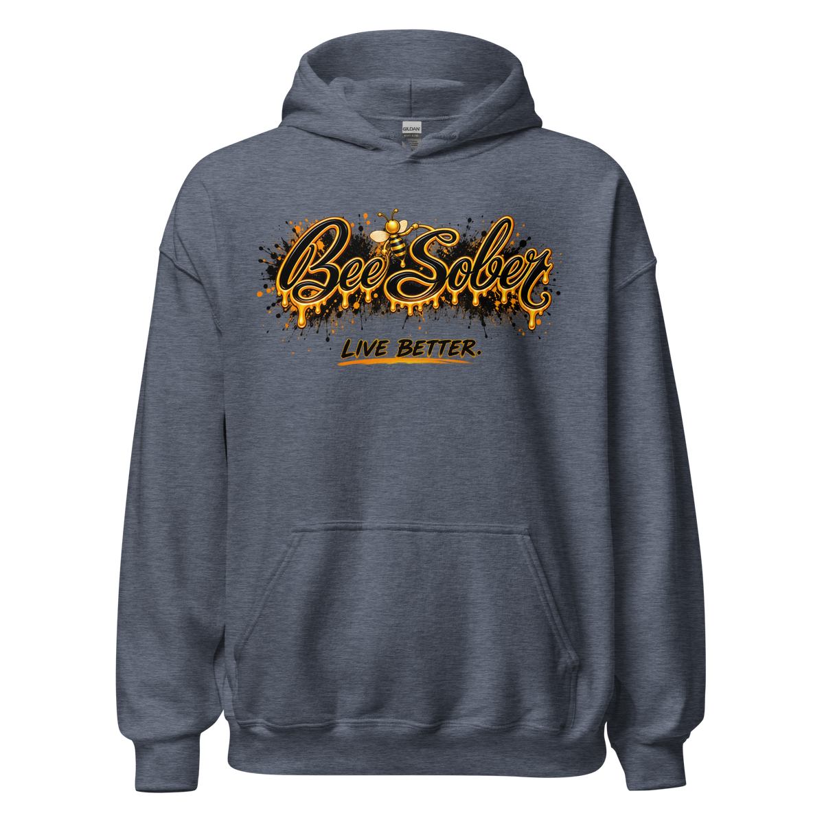 Bee Sober Live Better Hoodie in Heather Sport Dark Navy, front view