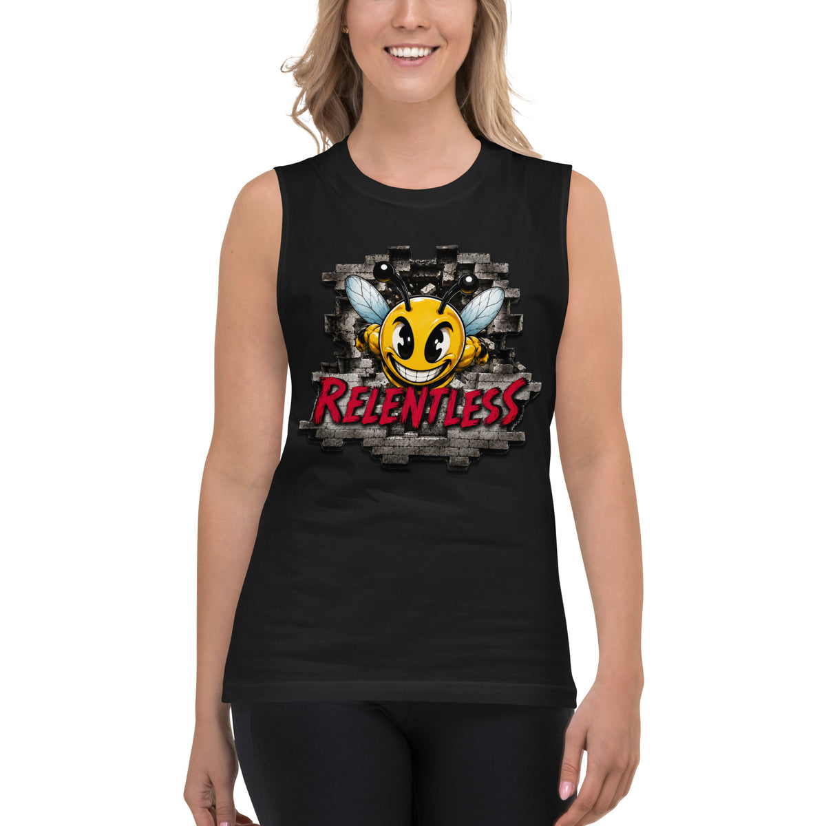 Bee Relentless Muscle Shirt in Black, front view
