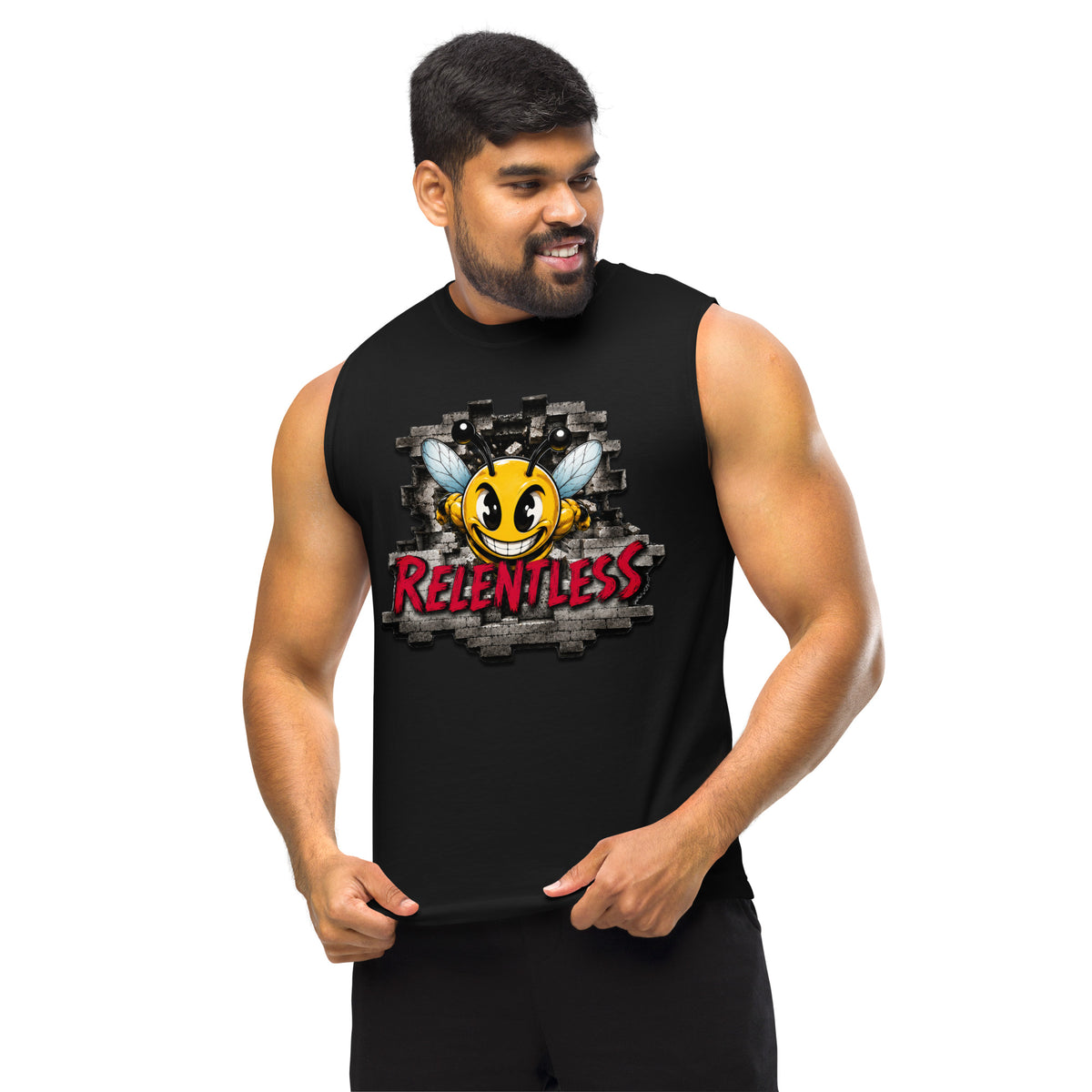 Bee Relentless Muscle Shirt in Black, front view