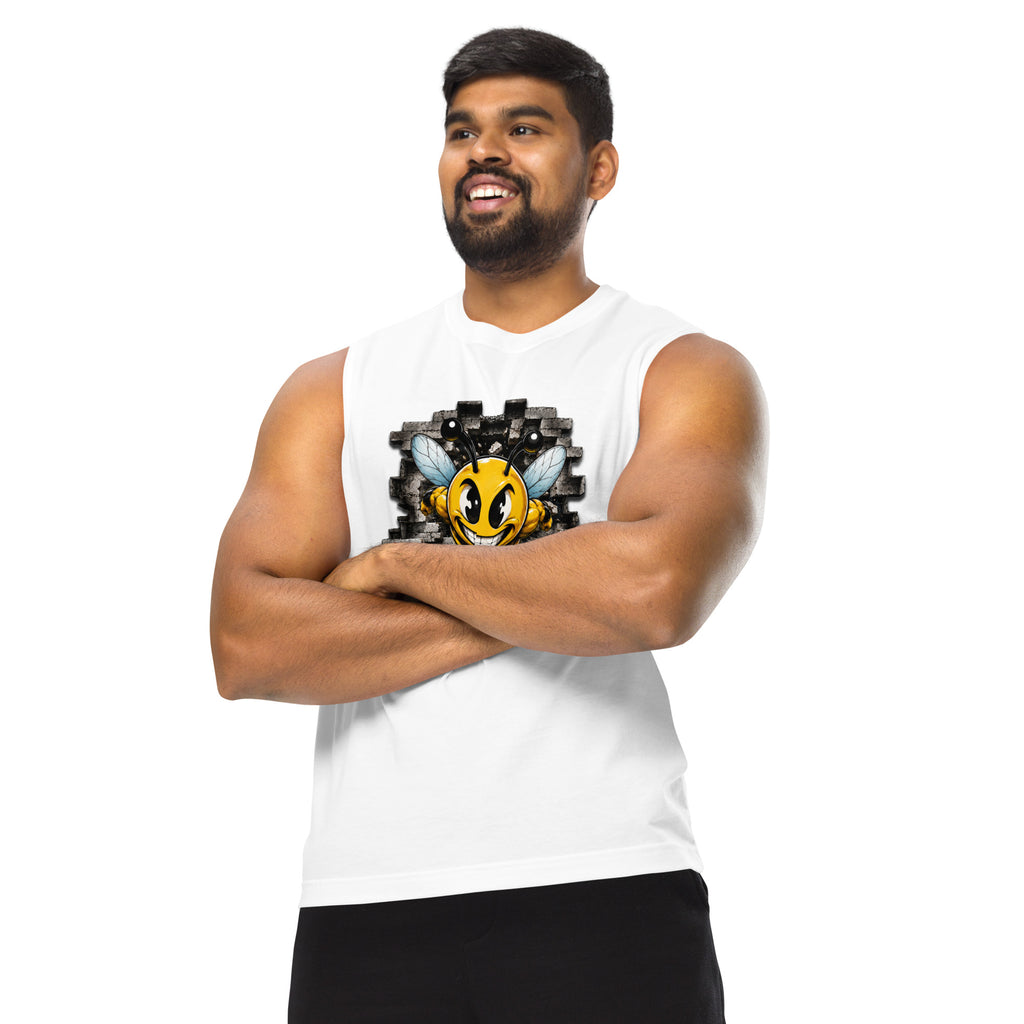 Bee Relentless Muscle Shirt in White, front view