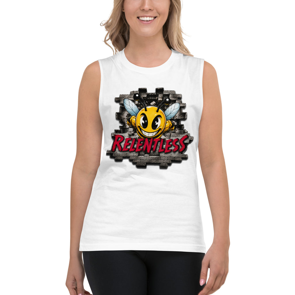 Bee Relentless Muscle Shirt in White, front view