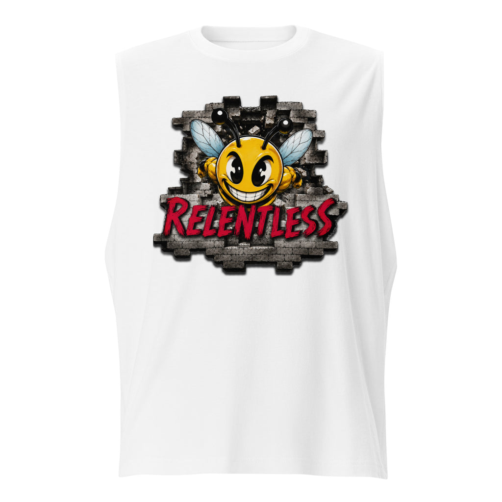 Bee Relentless Muscle Shirt in White, front view