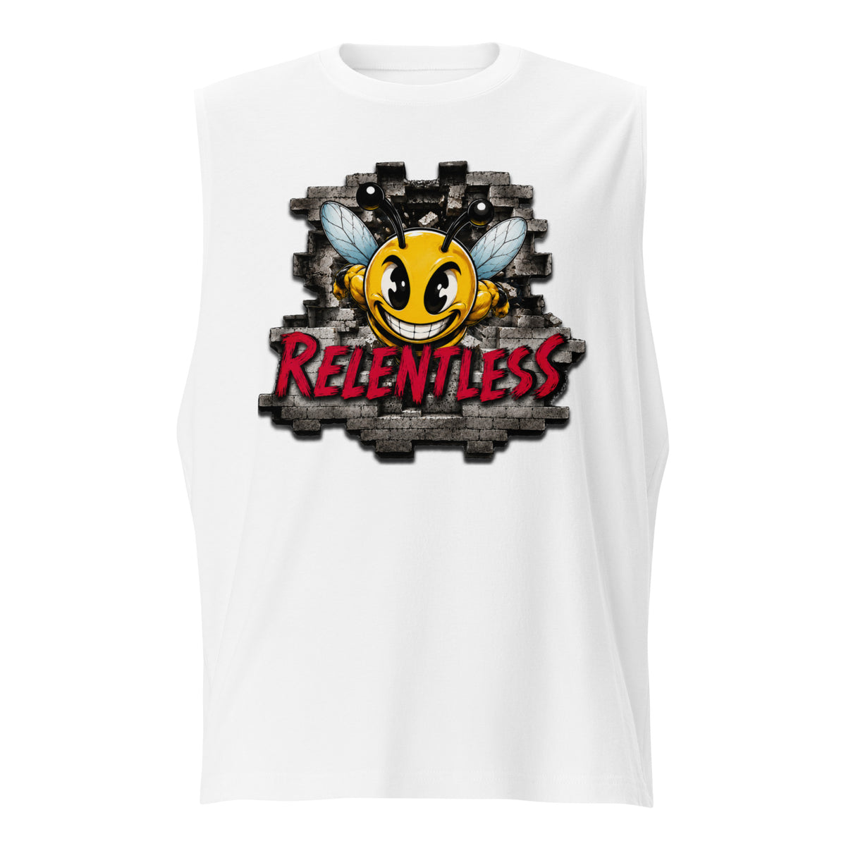 Bee Relentless Muscle Shirt in White, front view